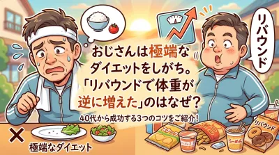 「おじさんは極端なダイエットをしがち。リバウンドで体重が逆に増えた」のはなぜ？40代から成功する3つのコツをご紹介！