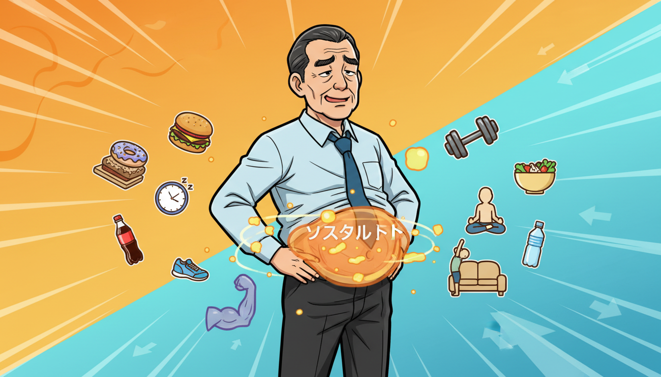 ぽっこりお腹の主な原因は内臓脂肪の蓄積と筋肉量の低下です