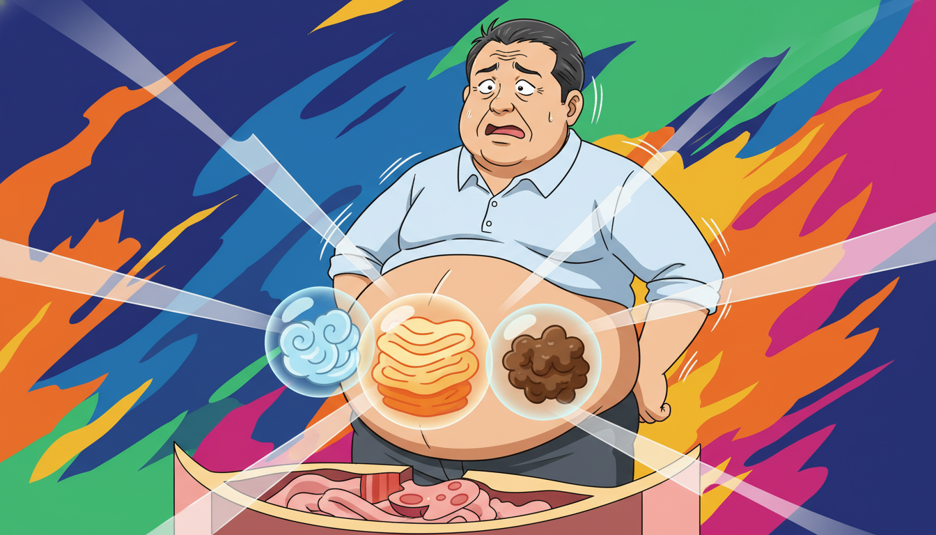 おじさんの膨らんだお腹の中身は主にガス、内臓脂肪、便秘によるものです